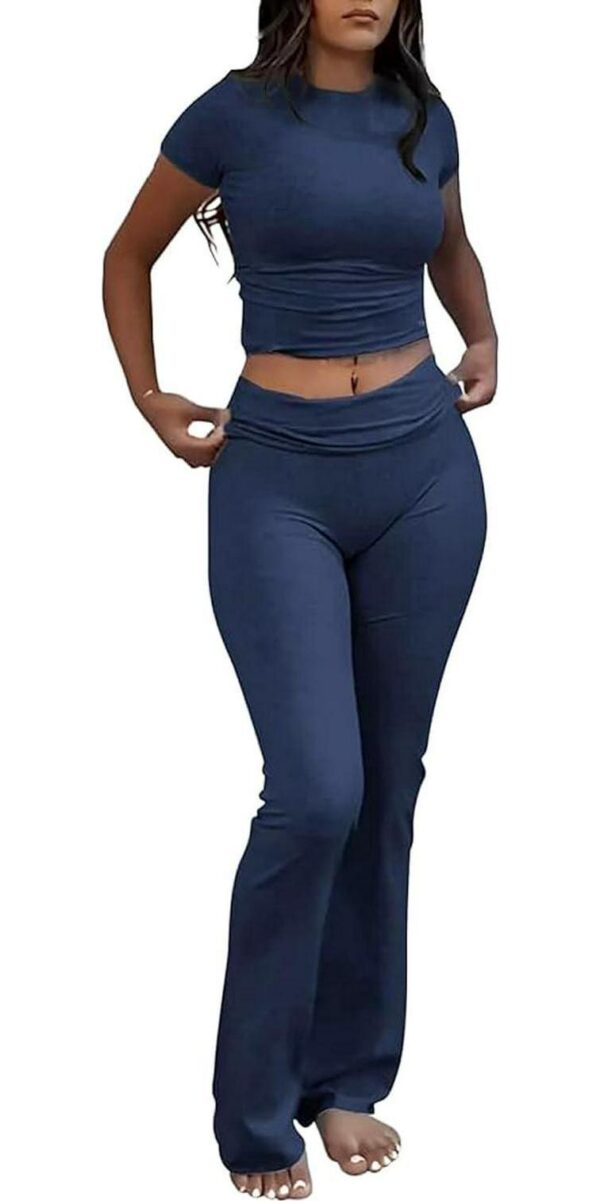 Women's 2 Piece Lounge Outfits Slim Short Sleeve Tops Low Rise Flare Leggings Sets Yoga Sweatsuit