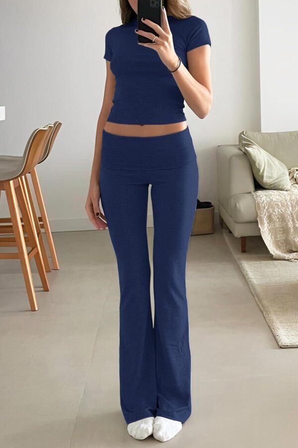 Women's 2 Piece Lounge Outfits Slim Short Sleeve Tops Low Rise Flare Leggings Sets Yoga Sweatsuit - Image 4
