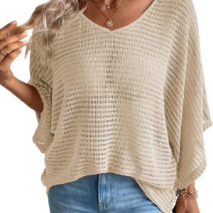 Women's Casual Half Bat Sleeve Loose V Neck Tunic Tops Lightweight Knit Pullover Sweater Blouses
