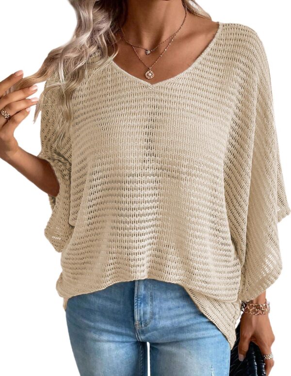 Women's Casual Half Bat Sleeve Loose V Neck Tunic Tops Lightweight Knit Pullover Sweater Blouses