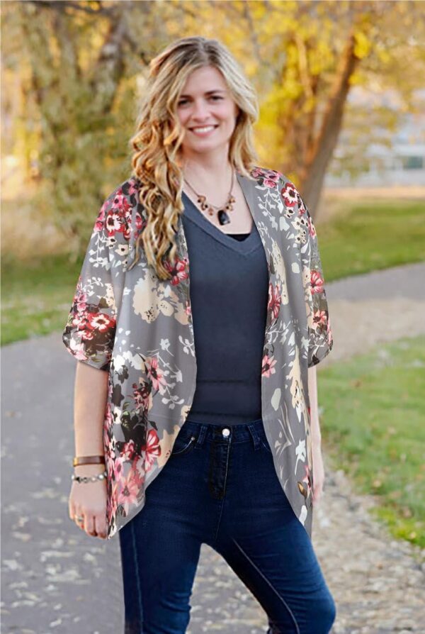 Women's Floral Print Puff Sleeve Kimono Cardigan Loose Cover Up Casual Blouse Tops - Image 5