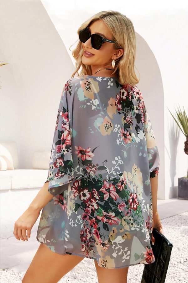 Women's Floral Print Puff Sleeve Kimono Cardigan Loose Cover Up Casual Blouse Tops - Image 7