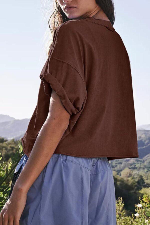 Women's Oversize Workout Crop Tops Casual Short Sleeve Drop Shoulder Boxy T-Shirts Roll Hem Basic Loose Yoga Running Tees - Image 3