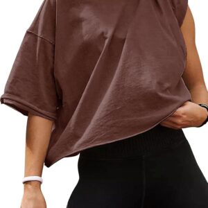 Women's Oversize Workout Crop Tops Casual Short Sleeve Drop Shoulder Boxy T-Shirts Roll Hem Basic Loose Yoga Running Tees