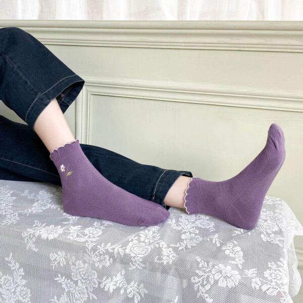Women's Ruffle Frilly Rib Knit Crew Socks Floral Embroidery Scalloped Pointelle Casual Ankle Socks 5 Pairs - Image 3