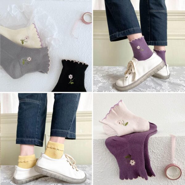 Women's Ruffle Frilly Rib Knit Crew Socks Floral Embroidery Scalloped Pointelle Casual Ankle Socks 5 Pairs - Image 7