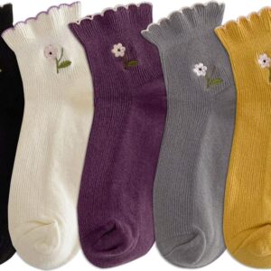 Women's Ruffle Frilly Rib Knit Crew Socks Floral Embroidery Scalloped Pointelle Casual Ankle Socks 5 Pairs