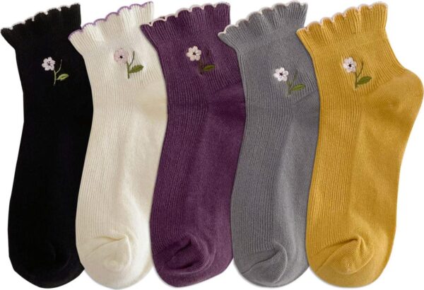 Women's Ruffle Frilly Rib Knit Crew Socks Floral Embroidery Scalloped Pointelle Casual Ankle Socks 5 Pairs