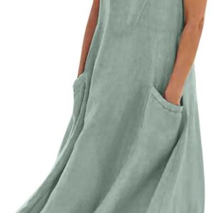 Women's Summer Cotton Linen Long Dress Sleeveless Elegant Flowy Dresses Plus Size Loose Comfy Dress with Pockets