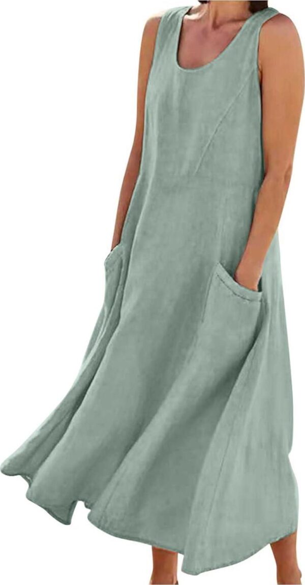 Women's Summer Cotton Linen Long Dress Sleeveless Elegant Flowy Dresses Plus Size Loose Comfy Dress with Pockets