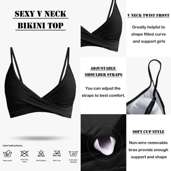 Women's Twist Front V Neck Bikini Top Padded Adjustable Spaghetti Straps Bathing Suit Tops Only - Image 6