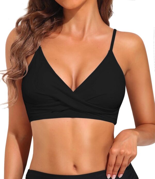 Women's Twist Front V Neck Bikini Top Padded Adjustable Spaghetti Straps Bathing Suit Tops Only