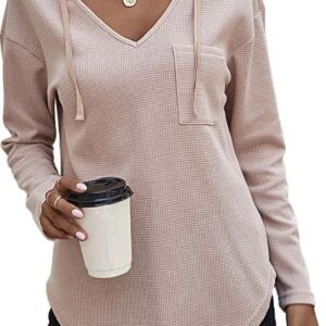 Women's V Neck Hoodies Long Sleeve Sweatshirt Drawstring Pullover Tops with Pocket