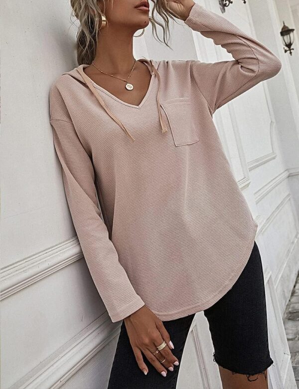 Women's V Neck Hoodies Long Sleeve Sweatshirt Drawstring Pullover Tops with Pocket - Image 6