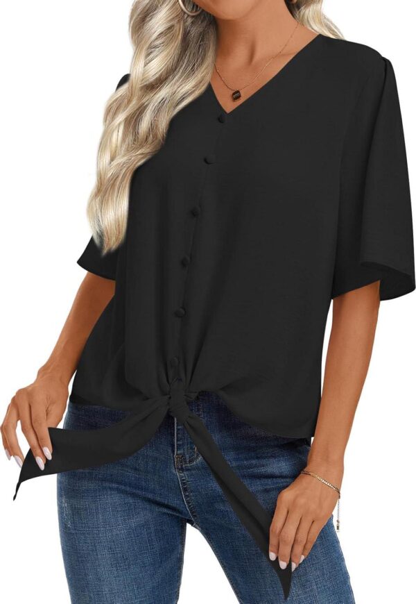 Womens 2024 Summer Tops V-Neck Casual Button Down Shirts Short Sleeve Trendy Blouses - Image 2