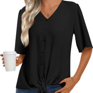 Womens 2024 Summer Tops V-Neck Casual Button Down Shirts Short Sleeve Trendy Blouses
