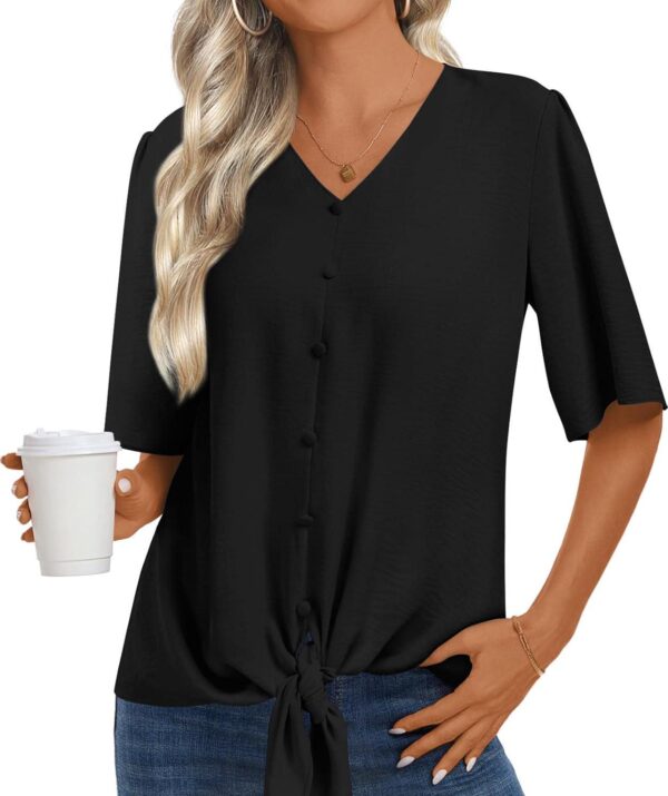 Womens 2024 Summer Tops V-Neck Casual Button Down Shirts Short Sleeve Trendy Blouses