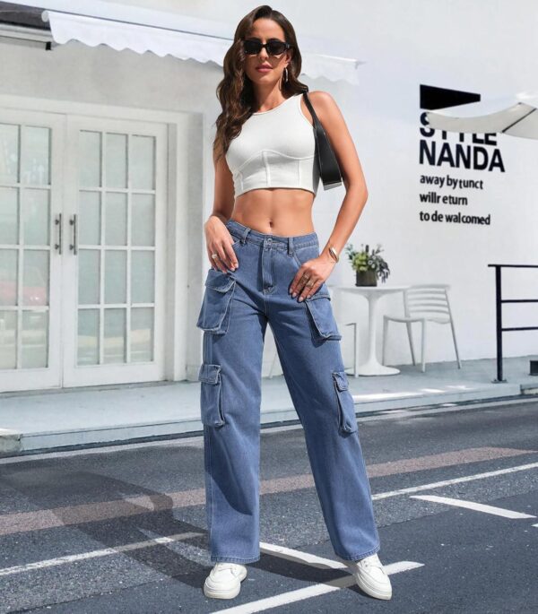 Womens Cargo Jeans High Waisted Cargo Pants Y2k Baggy Wide Leg Denim Trousers with Flap Pockets - Image 5