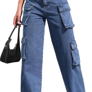 Womens Cargo Jeans High Waisted Cargo Pants Y2k Baggy Wide Leg Denim Trousers with Flap Pockets