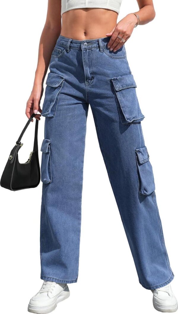 Womens Cargo Jeans High Waisted Cargo Pants Y2k Baggy Wide Leg Denim Trousers with Flap Pockets