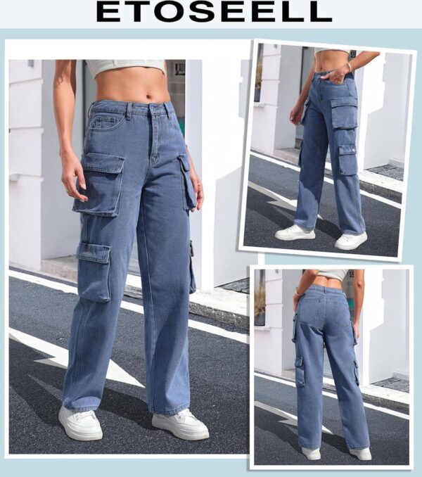 Womens Cargo Jeans High Waisted Cargo Pants Y2k Baggy Wide Leg Denim Trousers with Flap Pockets - Image 4