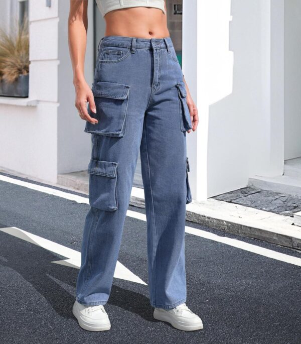 Womens Cargo Jeans High Waisted Cargo Pants Y2k Baggy Wide Leg Denim Trousers with Flap Pockets - Image 3