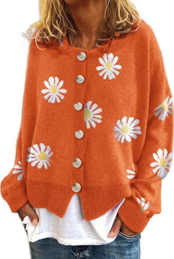 Womens Long Sleeve Daisy Flower Cardigan Sweaters Plus Size Aesthetic 90s Button Down Open Front Sweater Outfits