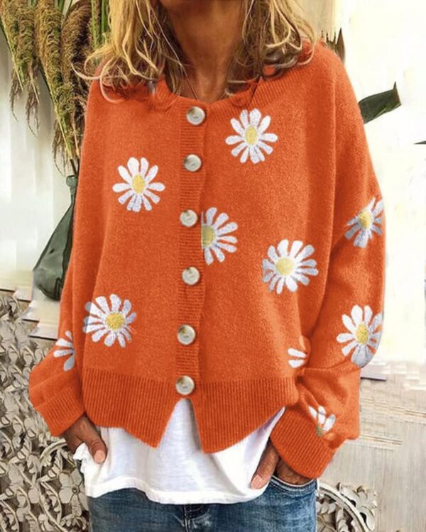 Womens Long Sleeve Daisy Flower Cardigan Sweaters Plus Size Aesthetic 90s Button Down Open Front Sweater Outfits - Image 2