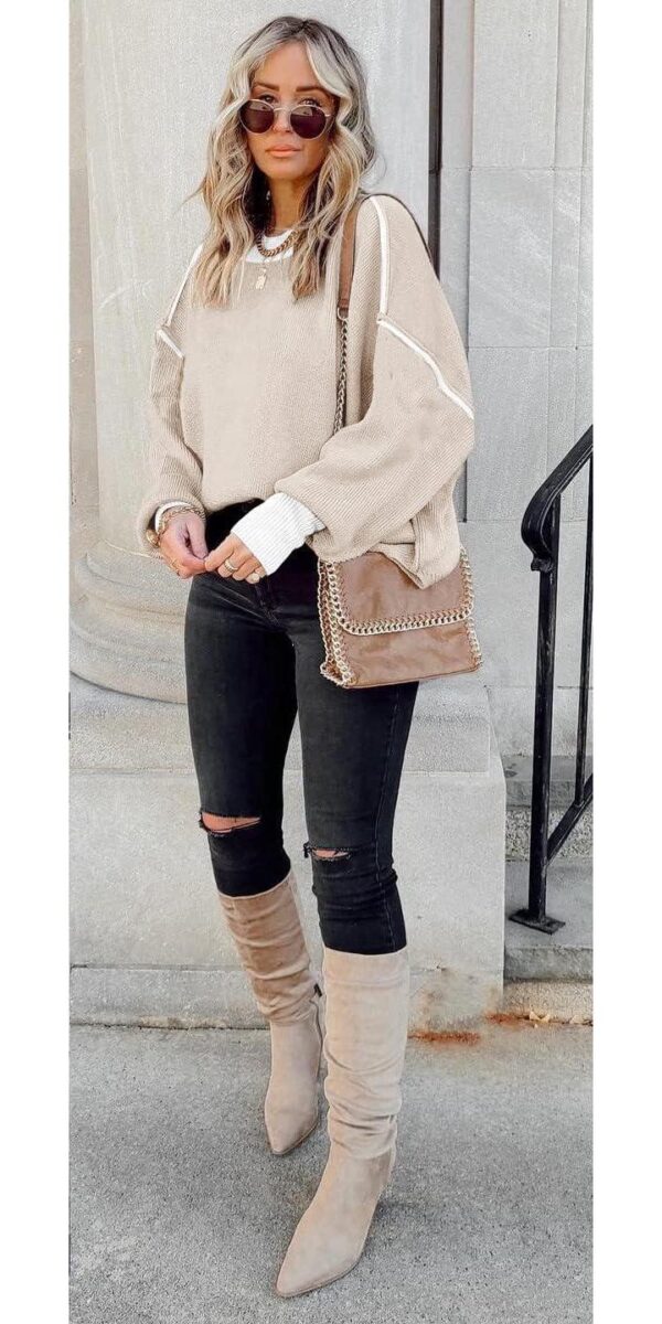 Womens Oversized Sweaters Fall 2024 Fashion Clothes Trendy Batwing Sleeve Colorblock Striped Knit Pullover Sweater Tops - Image 6
