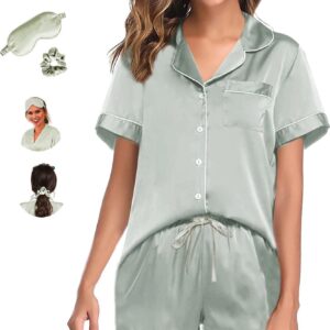 Womens Pajama Sets XS-4XL Silk Satin Pajamas Set Floral 2Pcs Pj Sets Button Down Pjs Set Sleepwear Loungewear
