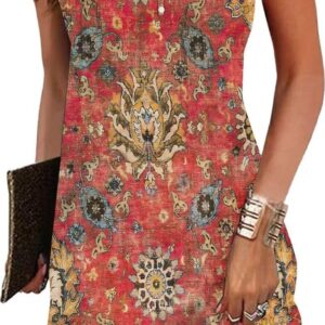 Womens Summer Dress 2024 Casual Button Down V Neck Sleeveless Fashion Boho Floral Beach Dress Sundress A-Line Dress