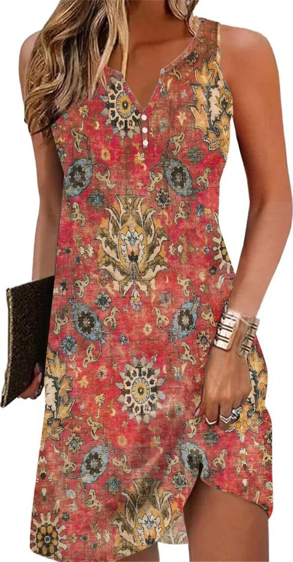 Womens Summer Dress 2024 Casual Button Down V Neck Sleeveless Fashion Boho Floral Beach Dress Sundress A-Line Dress