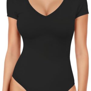 Womens V Neck Bodysuit Short Sleeve Bodysuits For Women Sexy Going Out Thong Body Suit Tops Shirts Basic Clothing