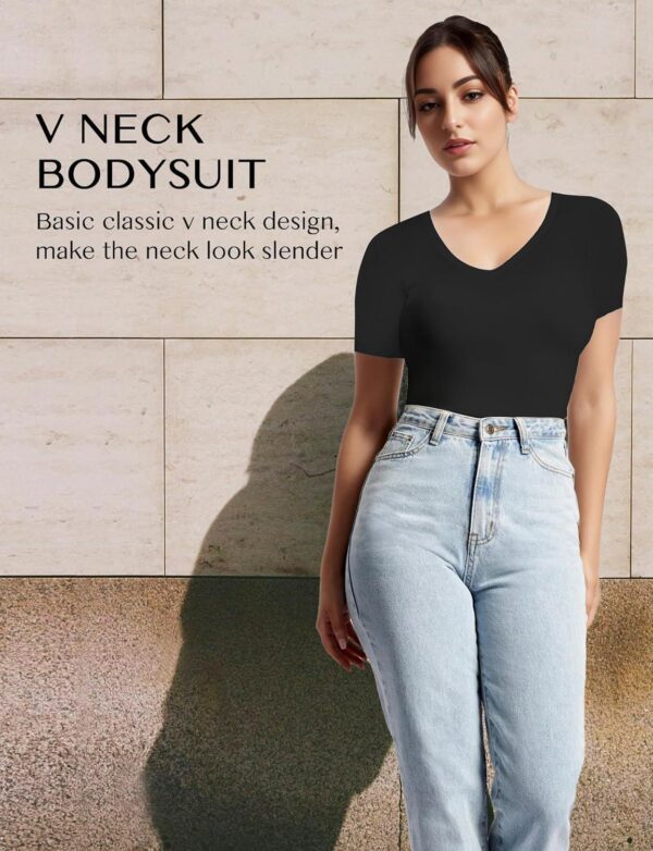 Womens V Neck Bodysuit Short Sleeve Bodysuits For Women Sexy Going Out Thong Body Suit Tops Shirts Basic Clothing - Image 3