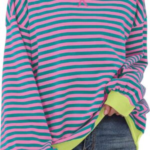 XIEERDUO Womens Crewneck Oversized Sweatshirt Striped Color Block Tops Long Sleeve Shirts Pullover Sweaters Y2K Clothes