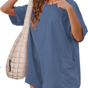 Yeokou Rompers for Women Casual Short Sleeve Oversized Athletic Workout Reversible Hot Shot Tee Romper Deep Pockets