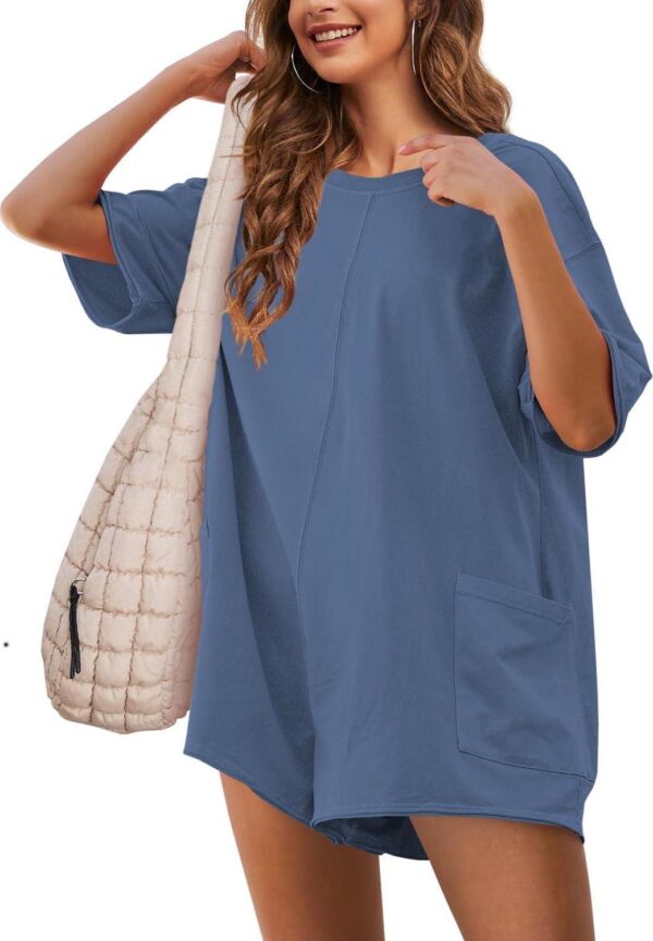 Yeokou Rompers for Women Casual Short Sleeve Oversized Athletic Workout Reversible Hot Shot Tee Romper Deep Pockets