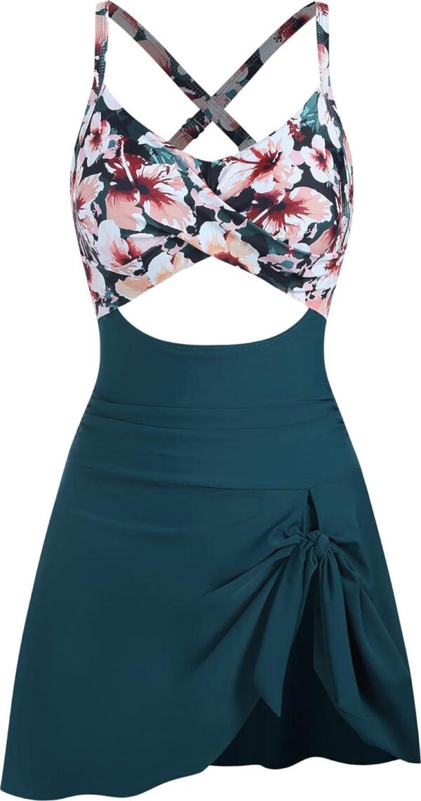 ZAFUL Women One Piece Swimdress Tummy Control Bathing Suit Push Up Swimsuit Modest Swimwear Cutout V Neck Cute Tie Knot Skirt - Image 2
