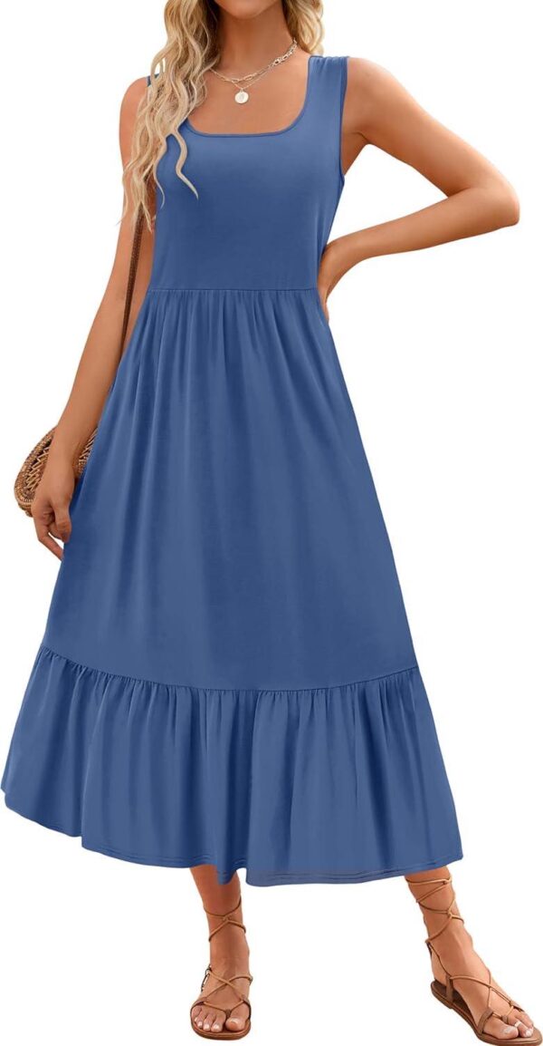 ZESICA Women's 2024 Summer Sleeveless Dress Square Neck Pleated Swing Casual Maxi Dresses with Pockets