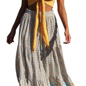 ZESICA Women's 2024 Bohemian Floral Printed Elastic Waist A Line Maxi Skirt with Pockets