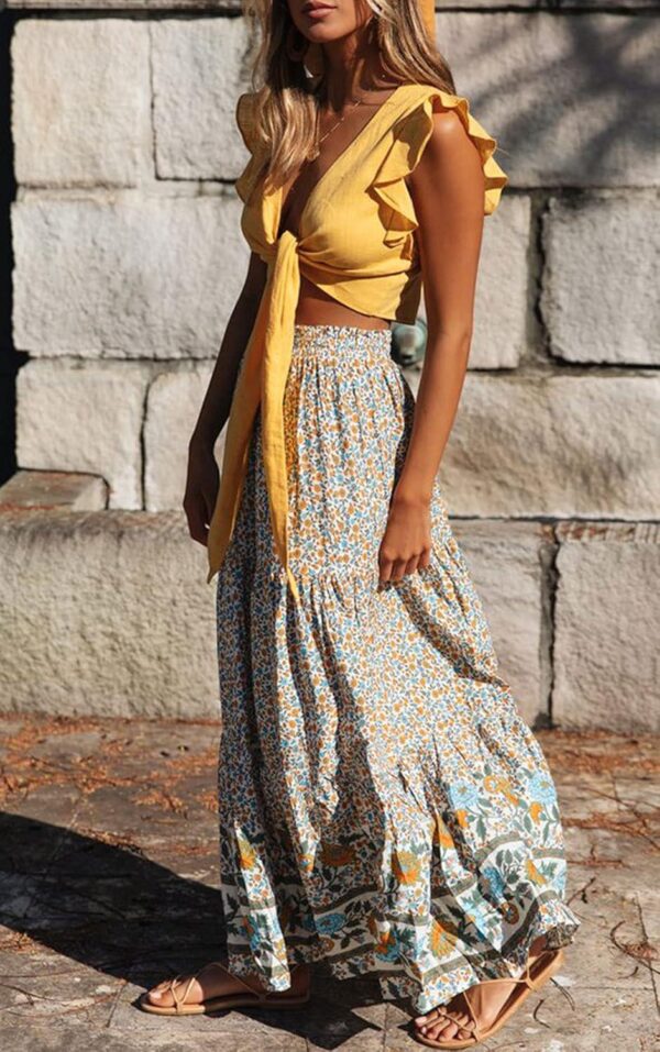 ZESICA Women's 2024 Bohemian Floral Printed Elastic Waist A Line Maxi Skirt with Pockets - Image 3