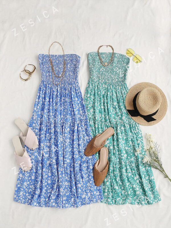 ZESICA Women's 2024 Summer Bohemian Floral Printed Strapless Beach Party Long Maxi Dress - Image 6