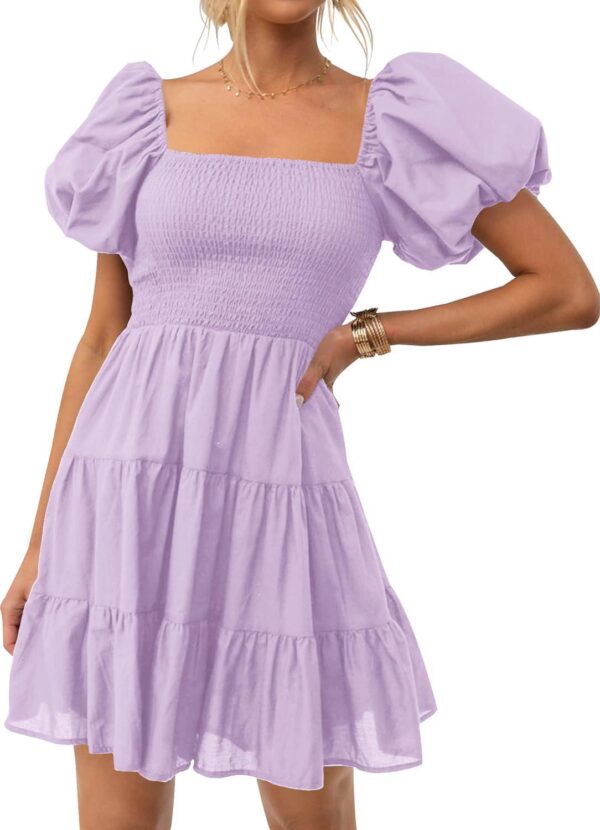 ZESICA Women's 2024 Boho Summer Square Neck Puff Sleeve Off Shoulder Smocked Tiered Casual A Line Short Mini Dress