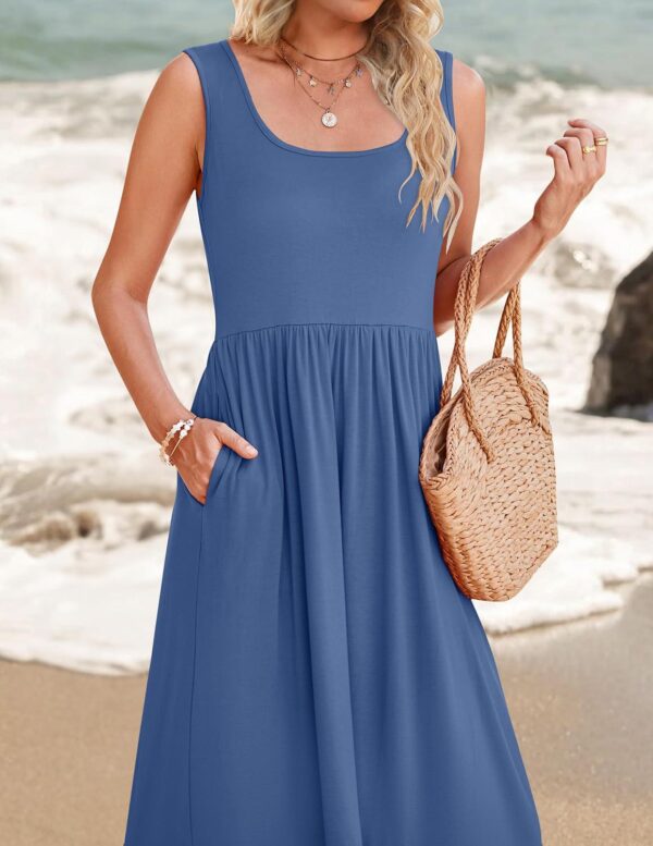 ZESICA Women's 2024 Summer Sleeveless Dress Square Neck Pleated Swing Casual Maxi Dresses with Pockets - Image 7