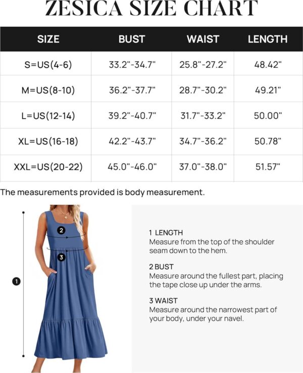 ZESICA Women's 2024 Summer Sleeveless Dress Square Neck Pleated Swing Casual Maxi Dresses with Pockets - Image 6