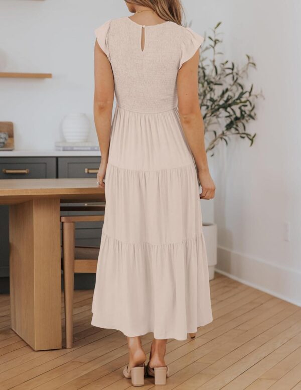ZESICA Women's 2024 Summer Casual Flutter Short Sleeve Crew Neck Smocked Elastic Waist Tiered Midi Dress - Image 3