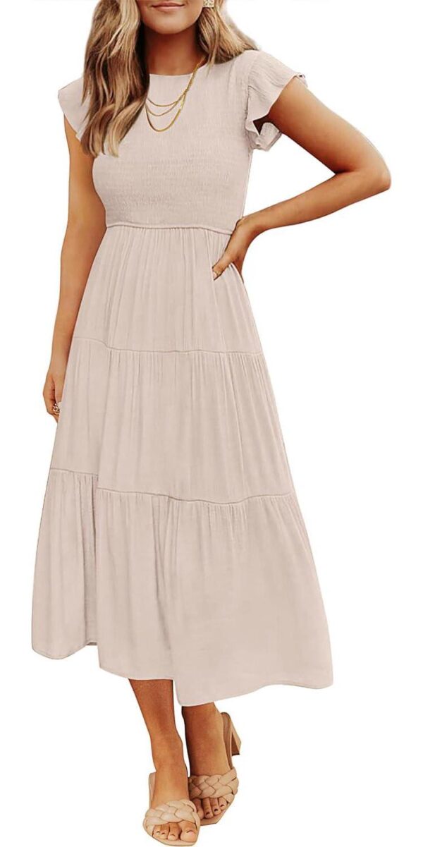 ZESICA Women's 2024 Summer Casual Flutter Short Sleeve Crew Neck Smocked Elastic Waist Tiered Midi Dress
