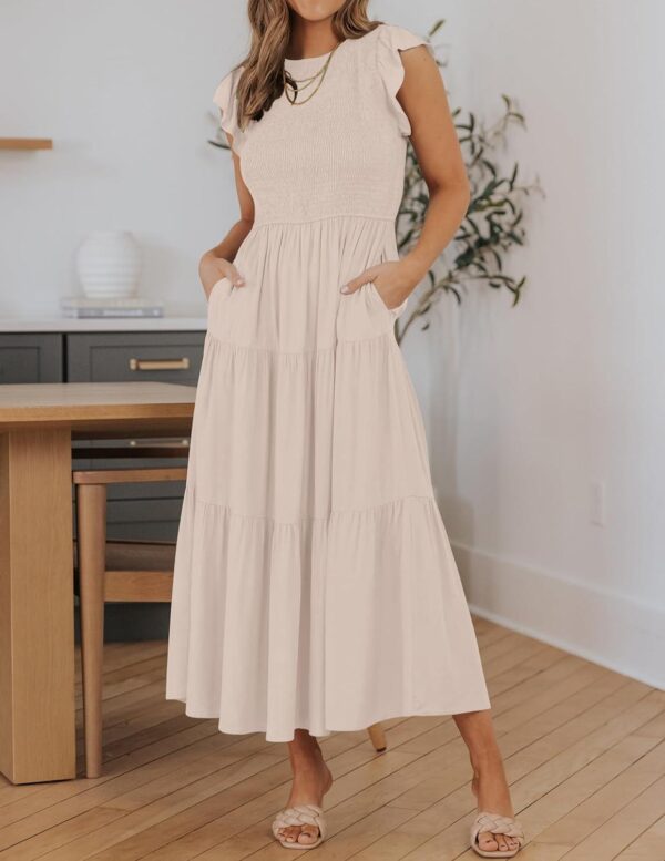 ZESICA Women's 2024 Summer Casual Flutter Short Sleeve Crew Neck Smocked Elastic Waist Tiered Midi Dress - Image 2