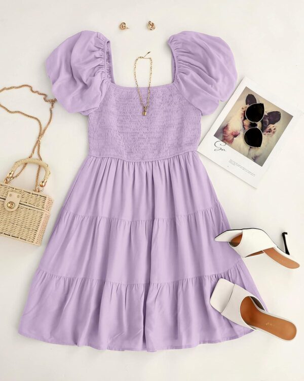 ZESICA Women's 2024 Boho Summer Square Neck Puff Sleeve Off Shoulder Smocked Tiered Casual A Line Short Mini Dress - Image 7