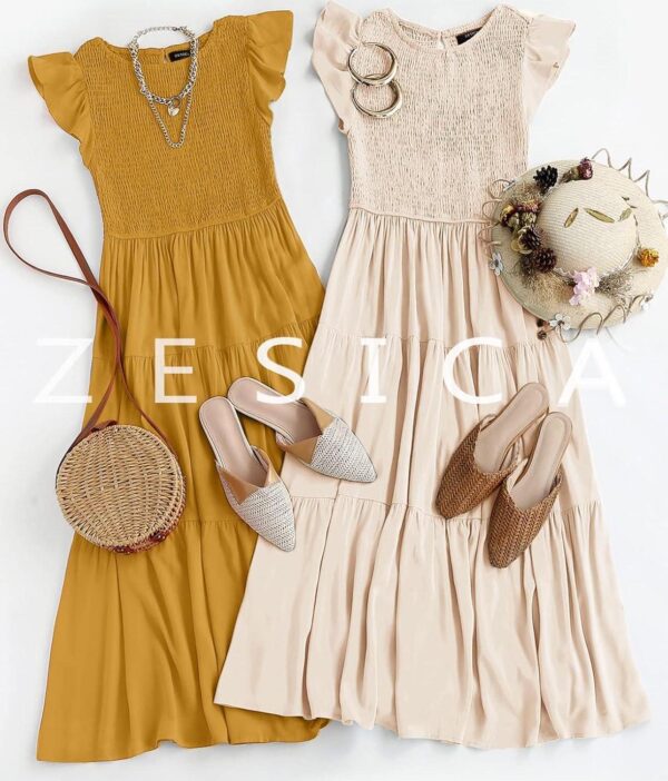 ZESICA Women's 2024 Summer Casual Flutter Short Sleeve Crew Neck Smocked Elastic Waist Tiered Midi Dress - Image 8